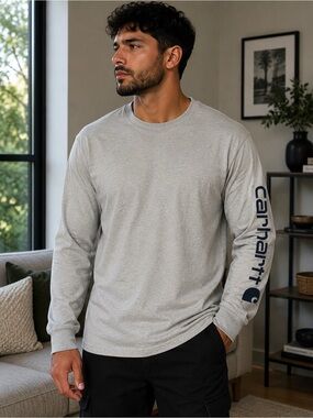 Carhartt Men’s Gray Long Sleeve Shirt L Navy Sleeve Logo Workwear